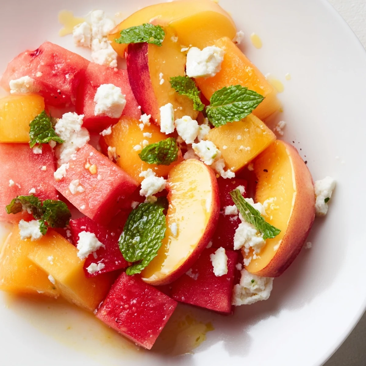 Summer peach watermelon salad featuring ripe juicy fruit cubes tossed with torn mint and optional feta cheese