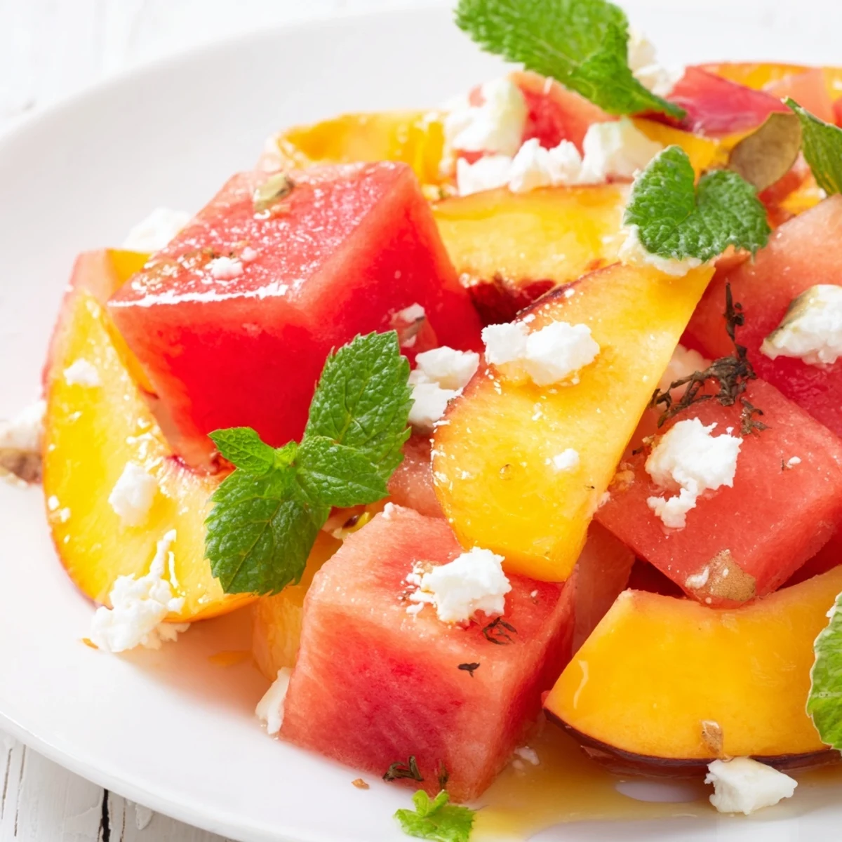 Refreshing peach watermelon salad closeup with vibrant red melon slices and golden peaches in honey lime dressing