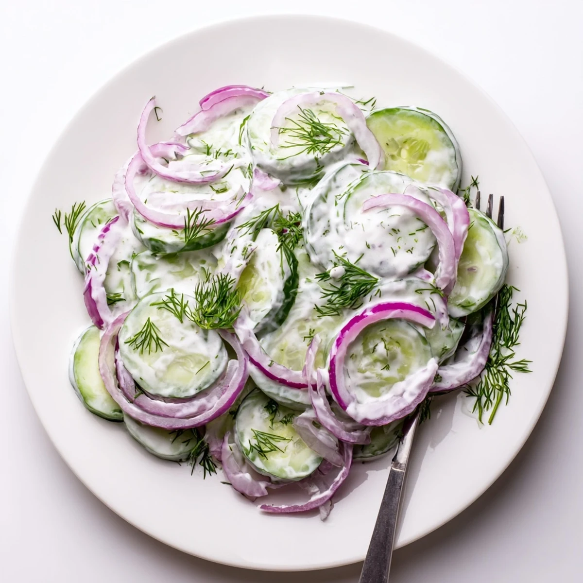 Garden fresh cucumber dill salad with herbs drizzled in light white dressing
