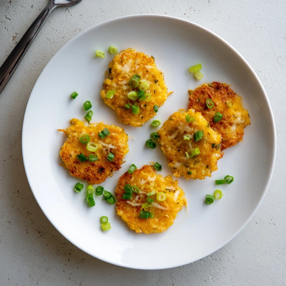 Golden brown keto cheesy chicken fritters served on a white plate with fresh parsley garnish