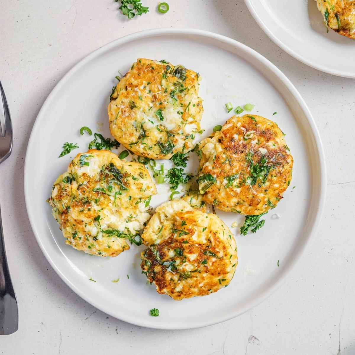 Stack of warm keto cheesy chicken fritters garnished with sliced green onions on a wooden board