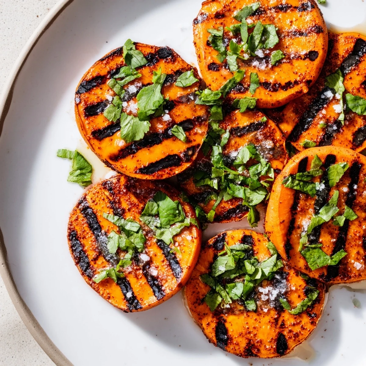 Golden grilled sweet potato slices with smoky char marks and fresh cilantro garnish