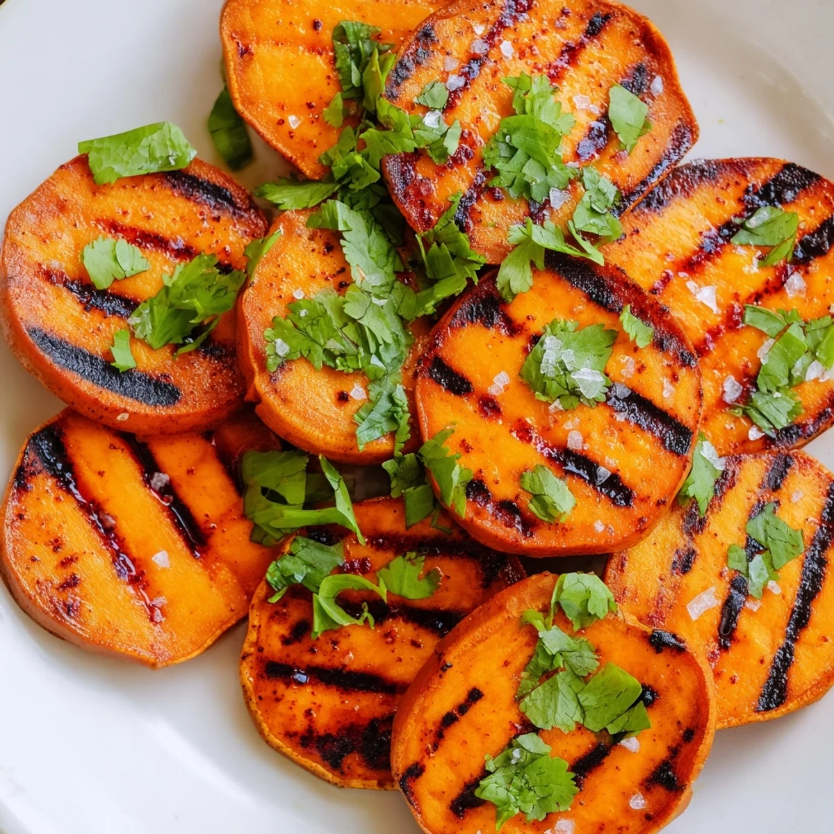 Simple grilled sweet potatoes seasoned with smoked paprika and served on a white platter