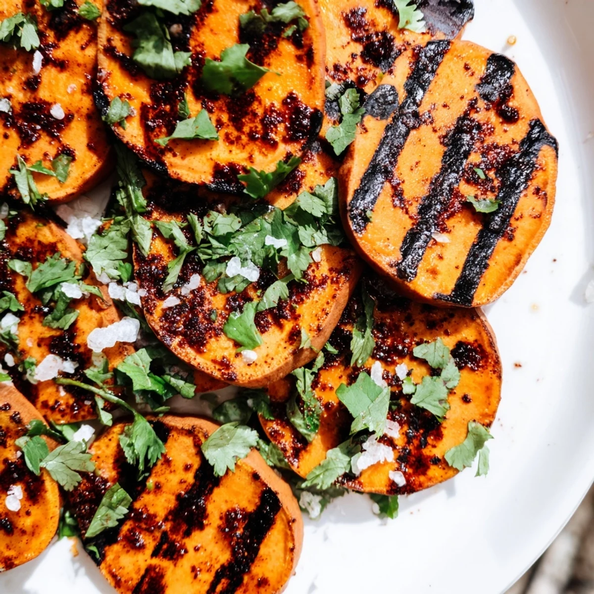 Tender smoky grilled sweet potato rounds with lime wedges and flaky sea salt topping