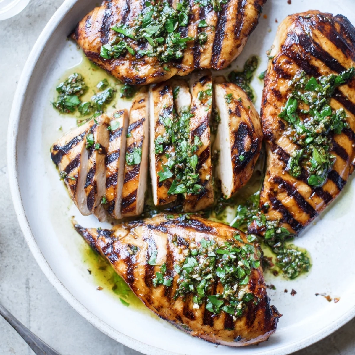 Grilled Chimichurri Chicken glistening with herb sauce, charred edges, served over rice.