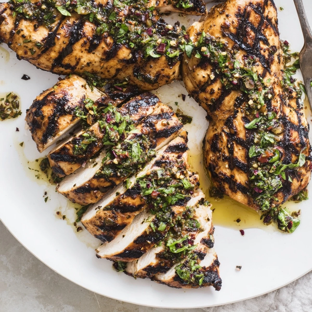 Sliced Grilled Chimichurri Chicken steaming, garlicky sauce drizzled, perfect summer plate.