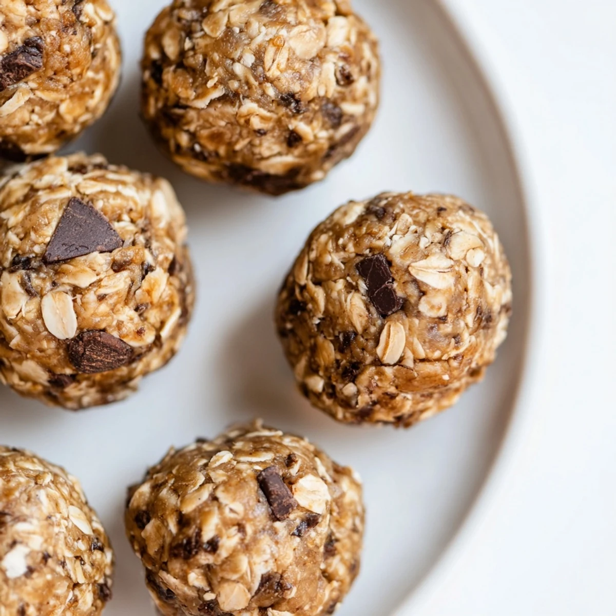 Golden banana bread energy balls studded with dark chocolate chips and chopped walnuts on a white plate