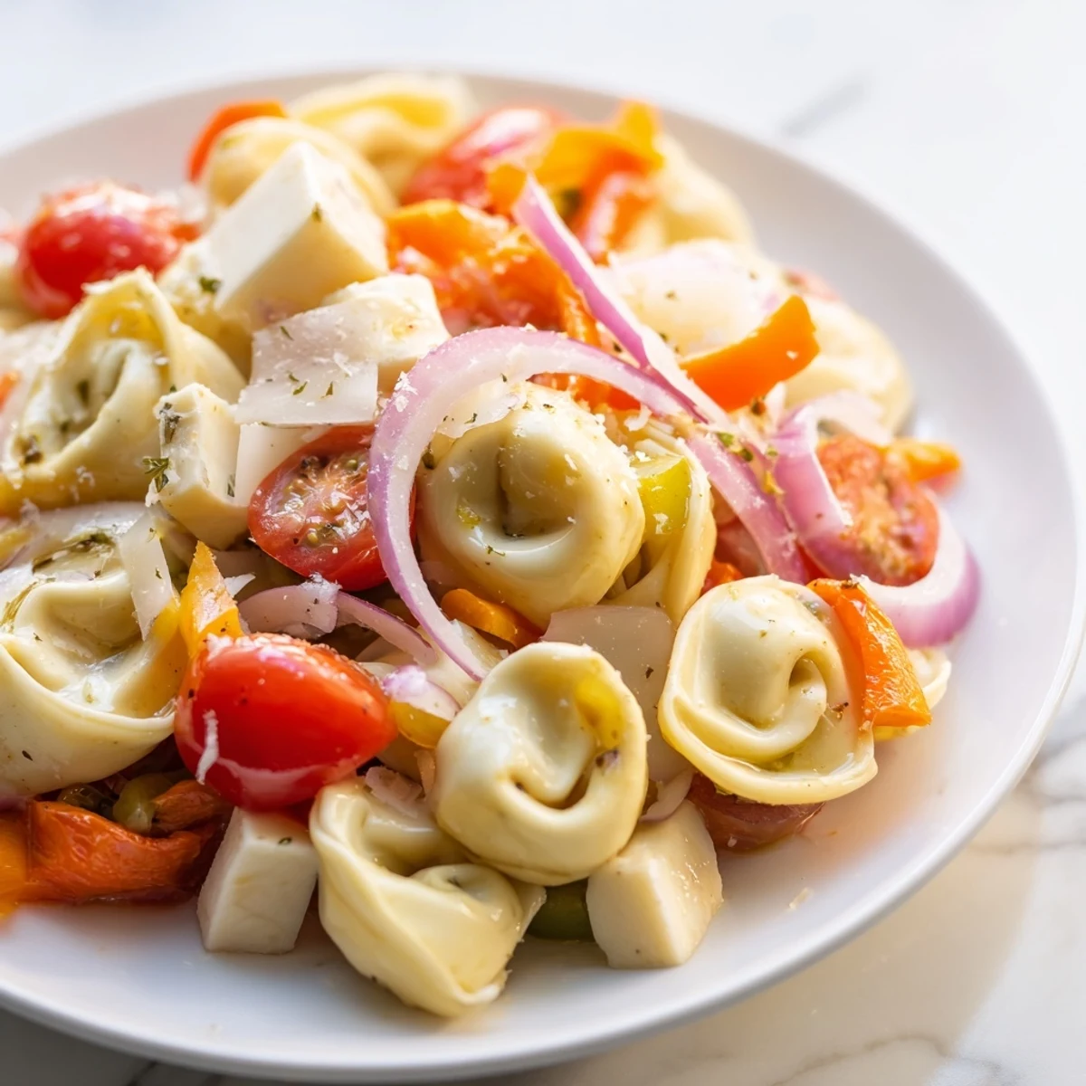 Hearty tortellini salad featuring crisp veggies, cubed cheese, and pepperoncini in a red wine vinaigrette
