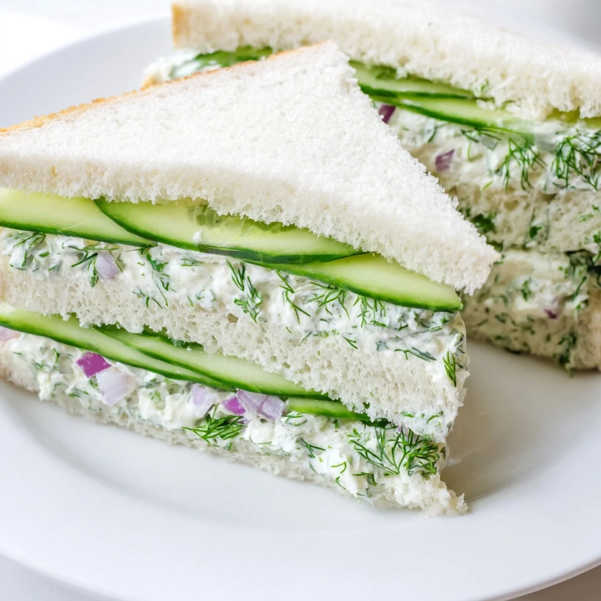 Creamy cucumber salad sandwiches featuring fresh dill spread on soft white bread with crisp cucumber slices