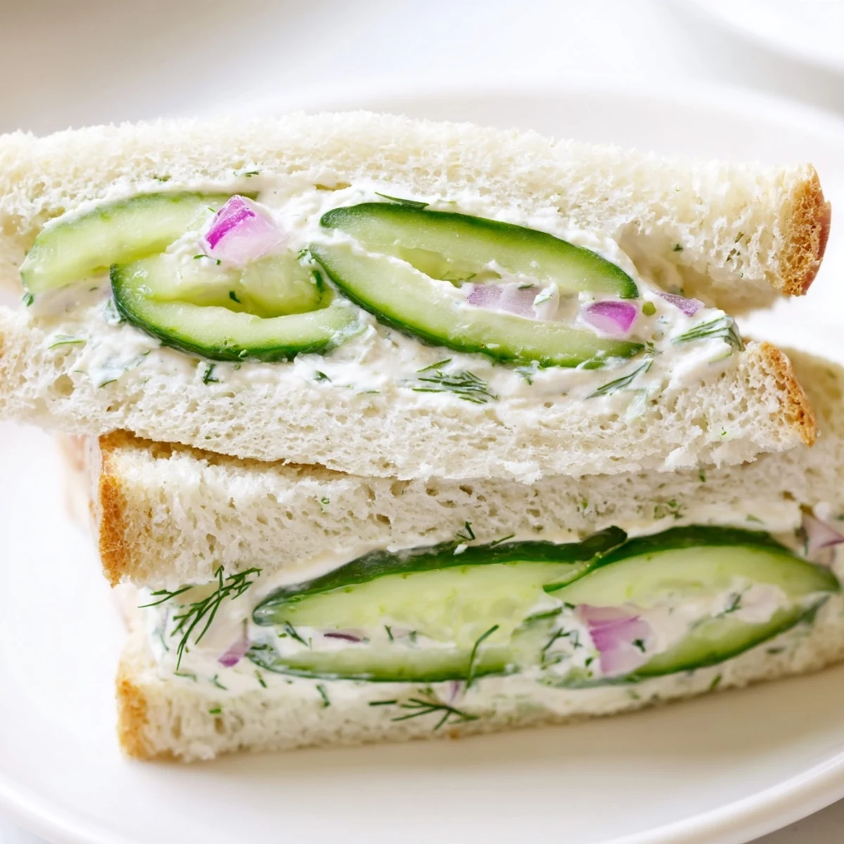 Tea-style cucumber salad sandwiches cut into triangles showcasing creamy herb filling and thinly sliced vegetables