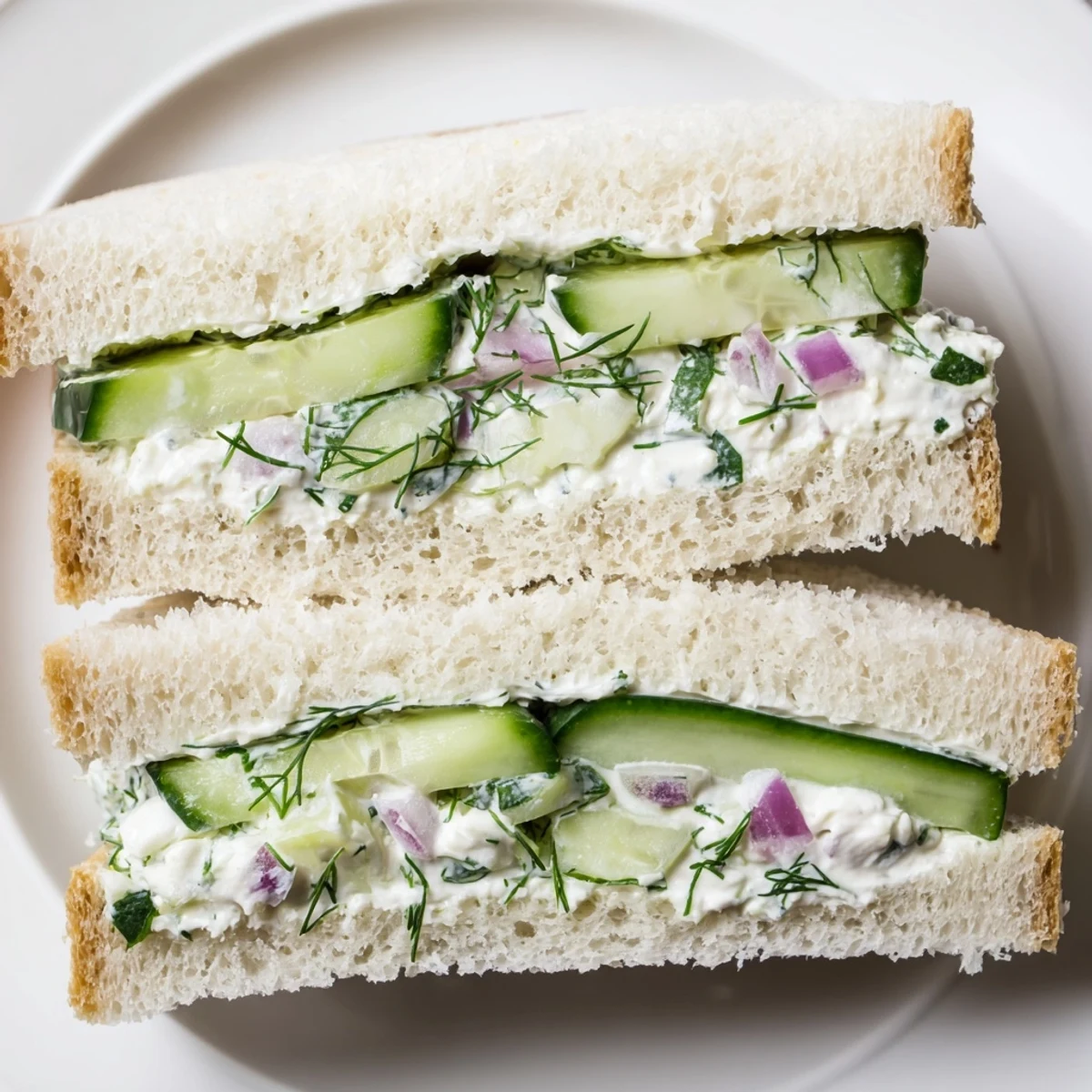 Light cucumber salad sandwiches on whole wheat bread layered with tangy cream cheese and refreshing cucumbers