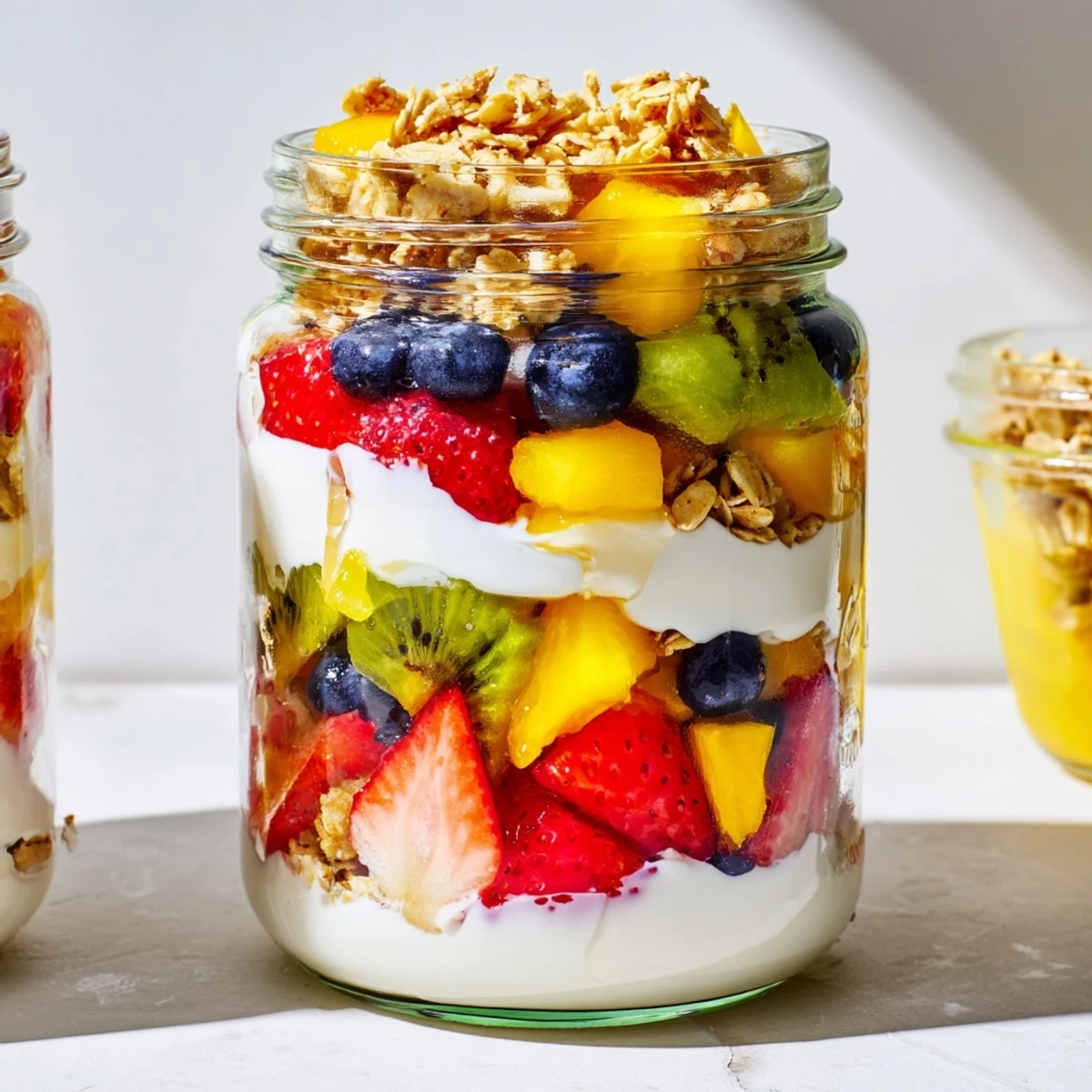 Glass jar layered with Greek yogurt parfait topped with fresh strawberries, blueberries, mango slices, and kiwi
