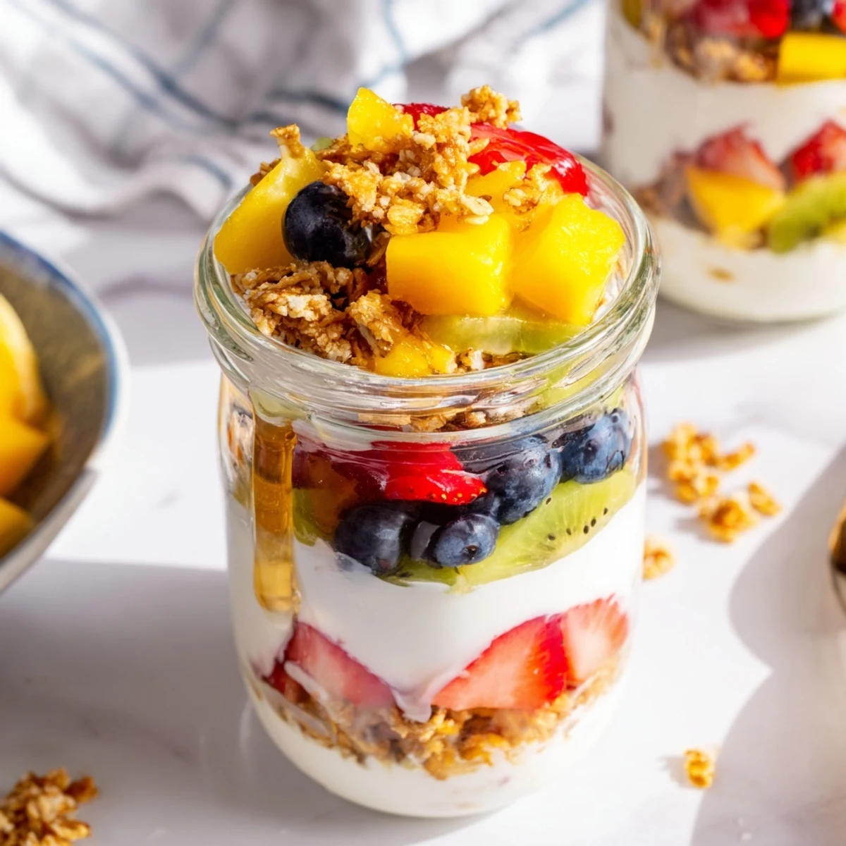 Breakfast parfait featuring honey-drizzled yogurt alternating between colorful mixed fruits and crunchy granola in clear glass