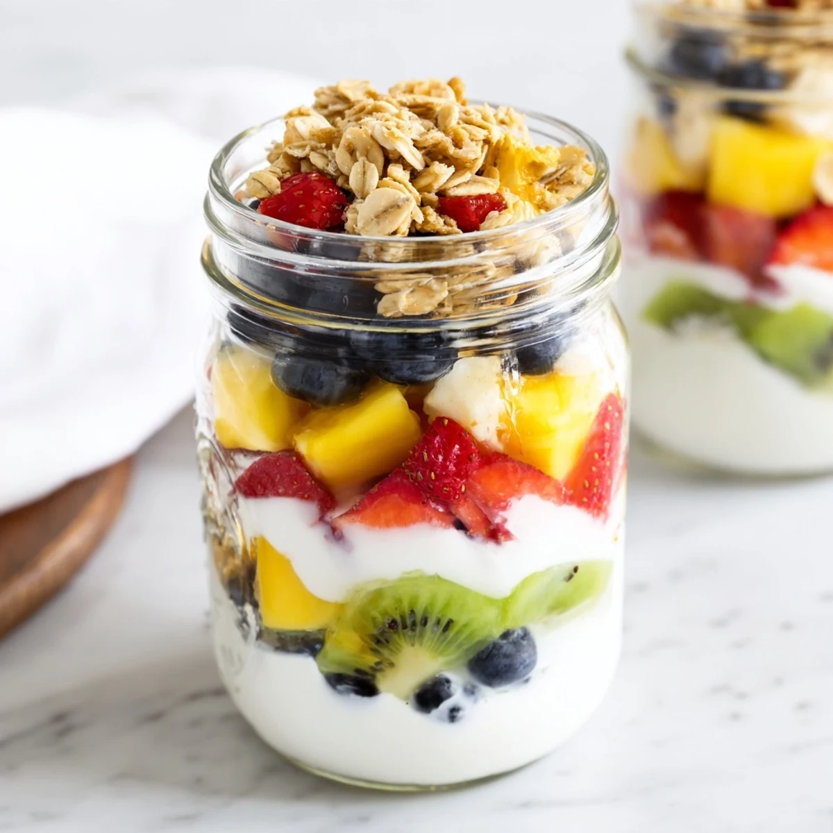 Healthy yogurt parfait recipe with sweet honey layers, diced mango, berries, and kiwi in a serving glass