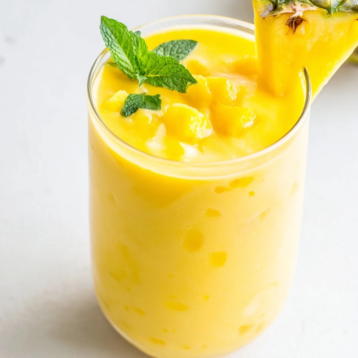 Creamy pineapple mango smoothie recipe blended with coconut milk and topped with fruit slices