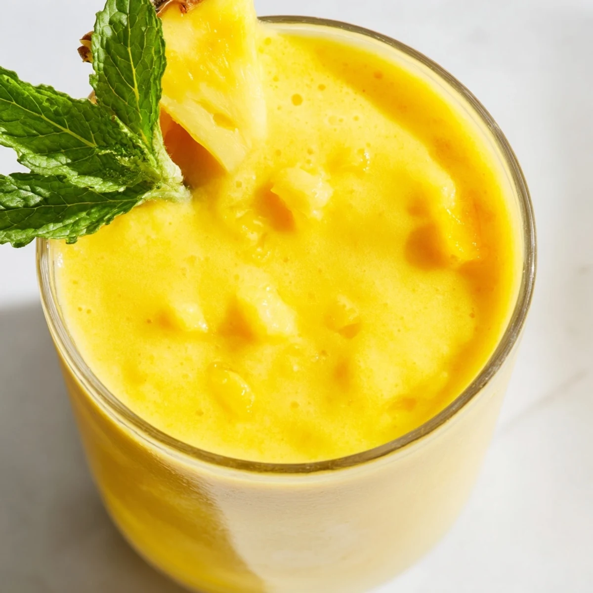 Golden tropical pineapple mango smoothie recipe poured into glasses with fresh mint garnish