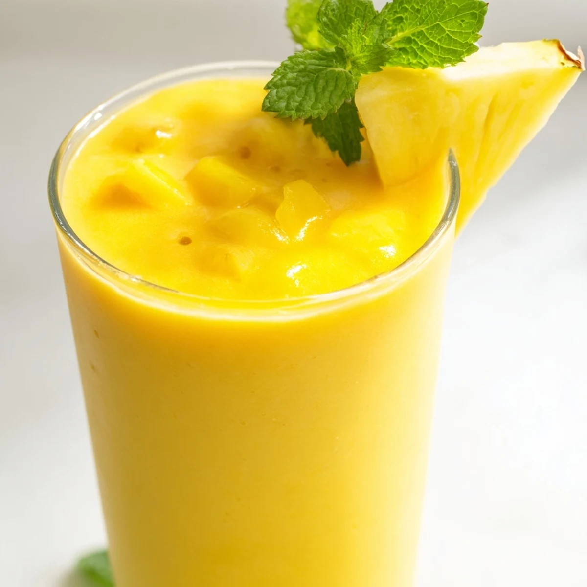 Vibrant yellow pineapple mango smoothie recipe served chilled with ice and fresh pineapple wedge
