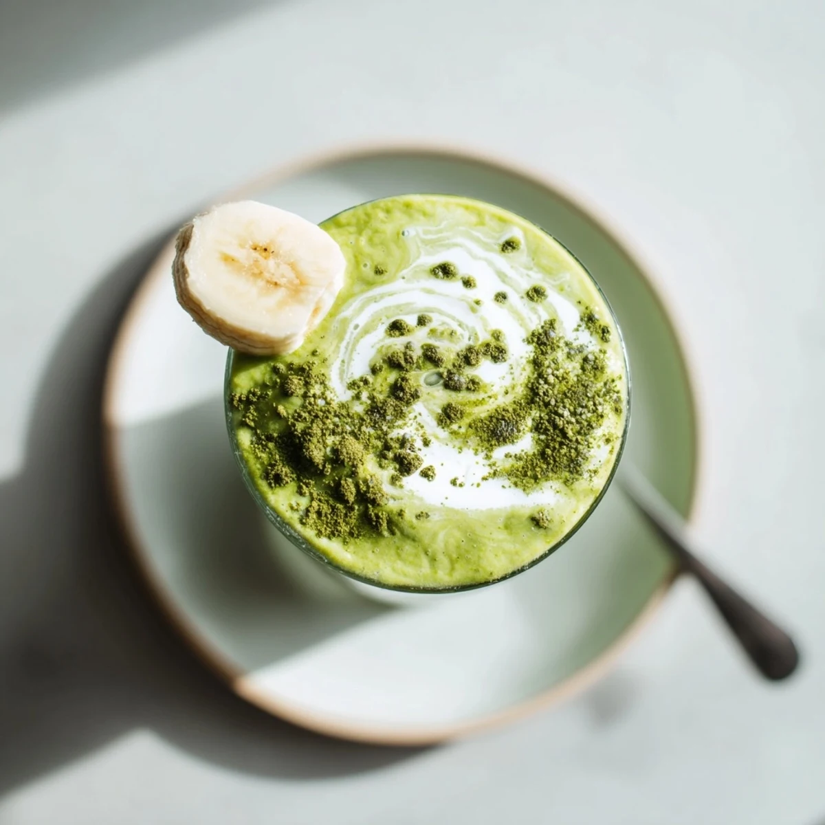 Creamy Matcha Smoothie topped with frothy foam and cold condensation  
