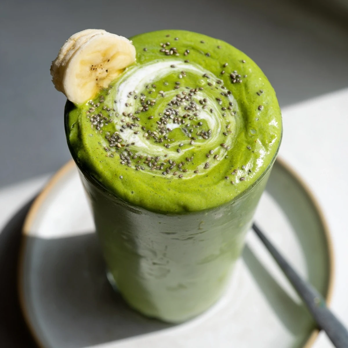 Vibrant green Matcha Smoothie blended with banana and almond milk  
