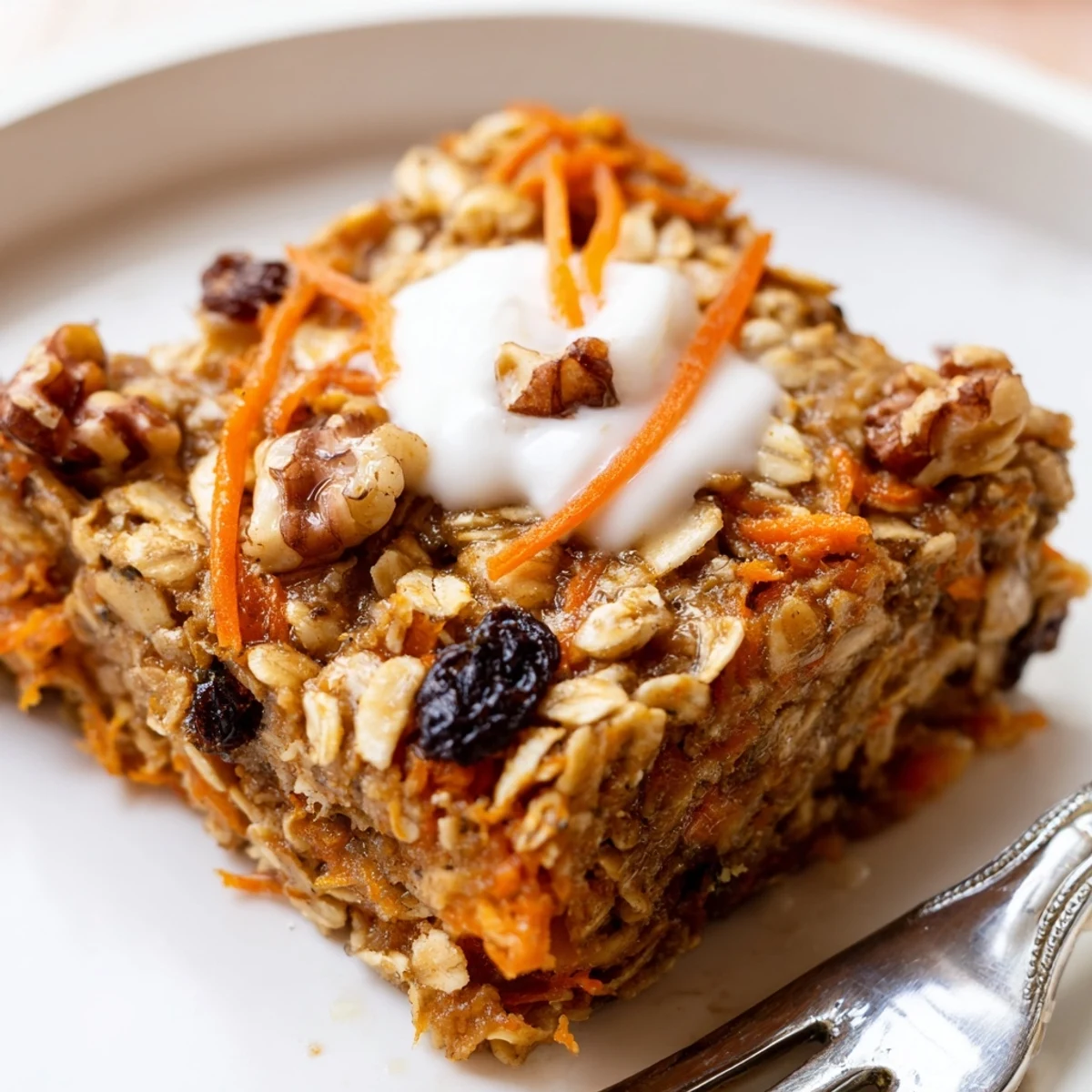 Slice of Carrot Cake Baked Oatmeal studded with raisins and chopped walnuts