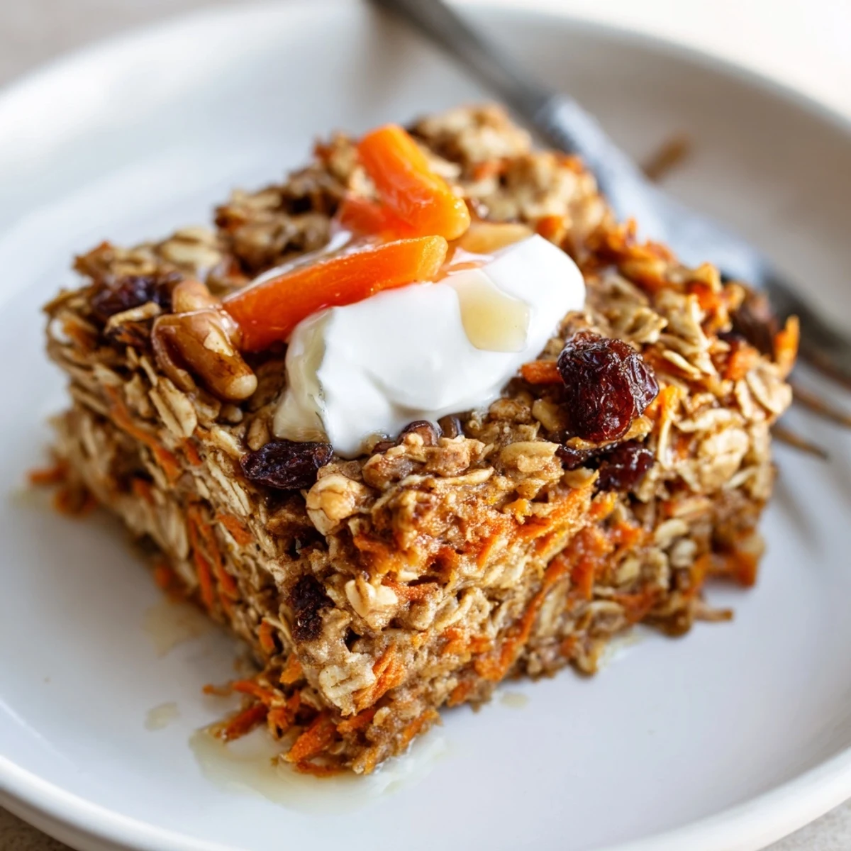 Hearty Carrot Cake Baked Oatmeal golden top, moist carrot bits, maple drizzle