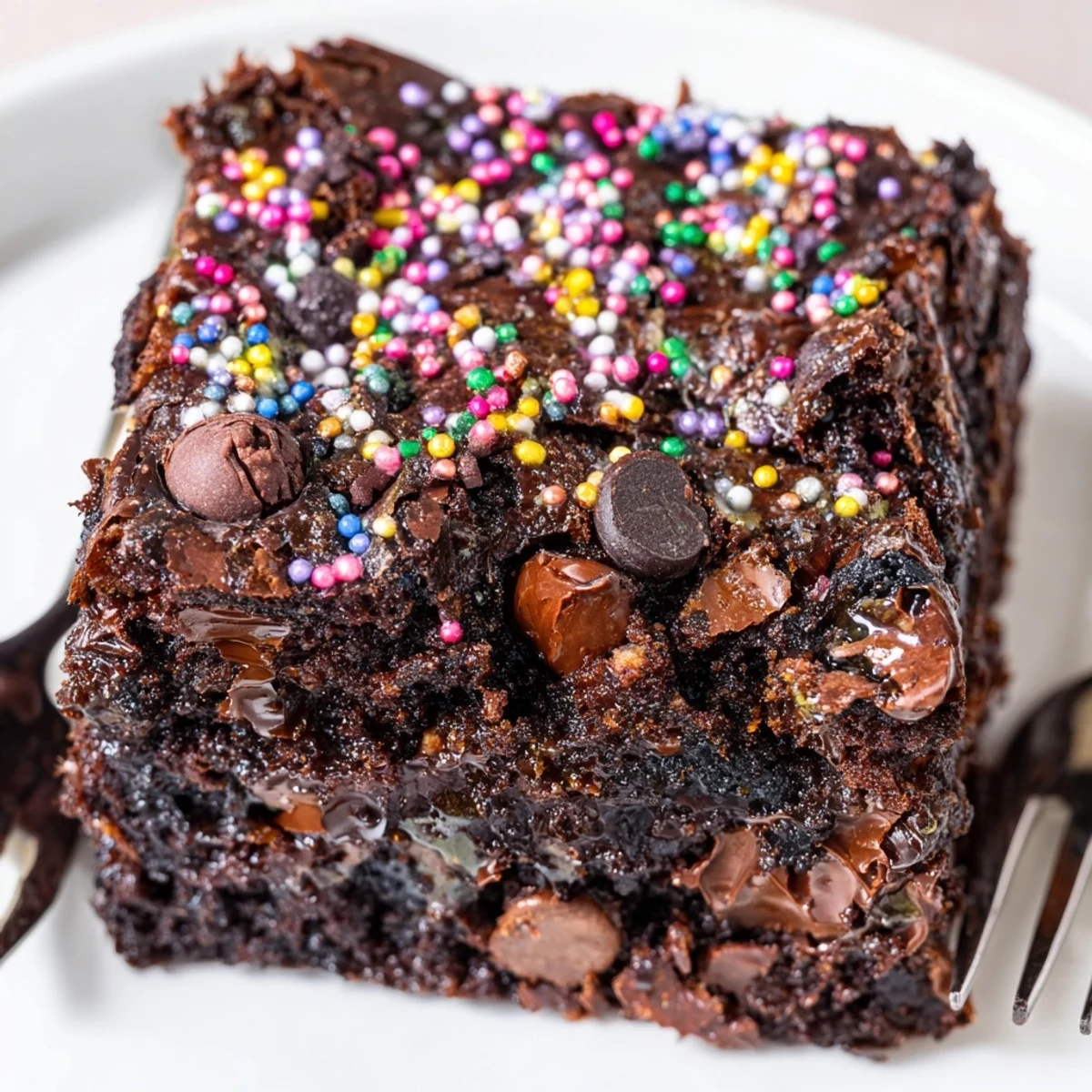 Sourdough Cosmic Chocolate Brownies cooling on parchment, glossy fudgy top with sprinkles