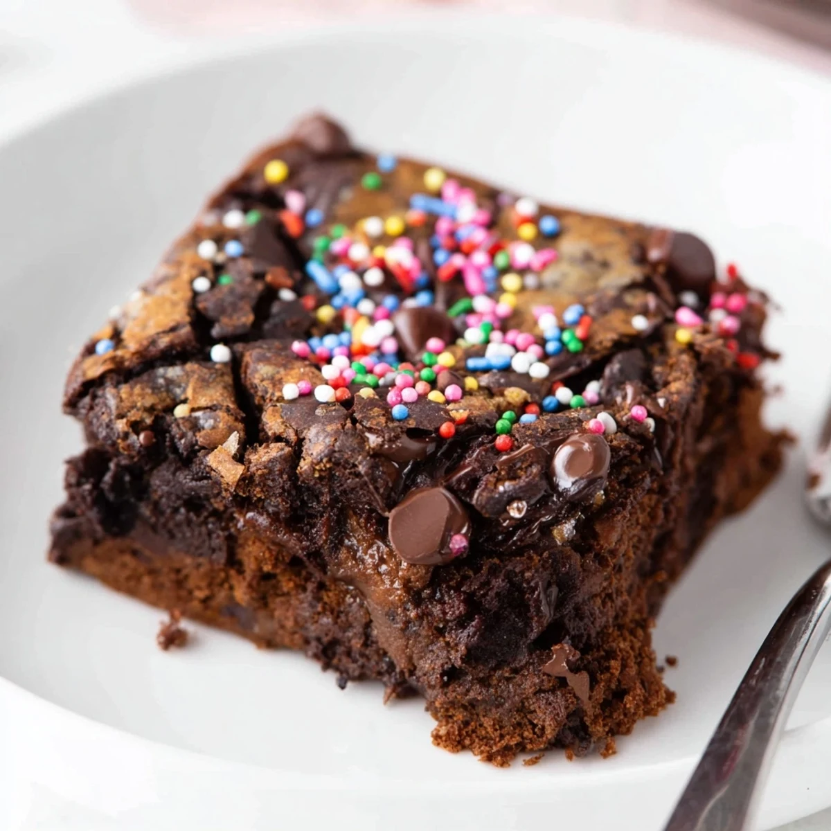 A tray of warm Sourdough Cosmic Chocolate Brownies beside a cold milk glass