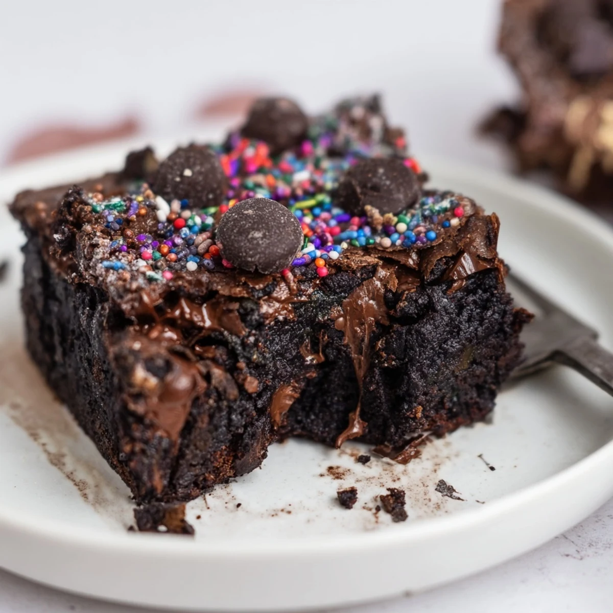 Close up of sliced Sourdough Cosmic Chocolate Brownies revealing fudgy, tangy center and sprinkles