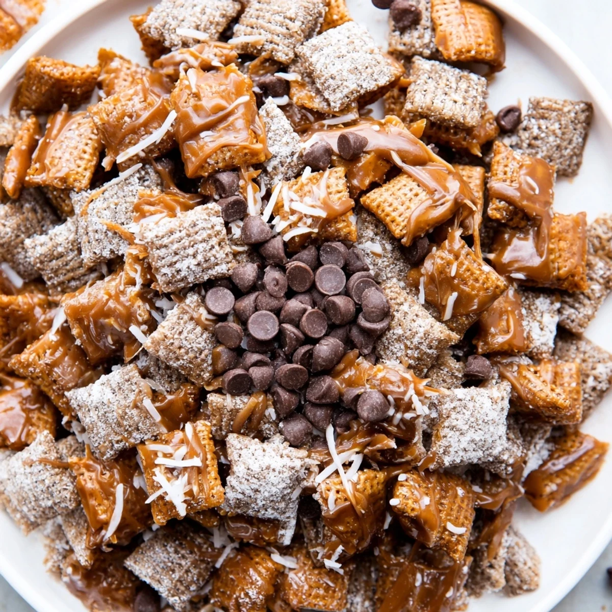 Samoas Puppy Chow Cereal piled on parchment, chocolate-caramel sheen and toasted coconut