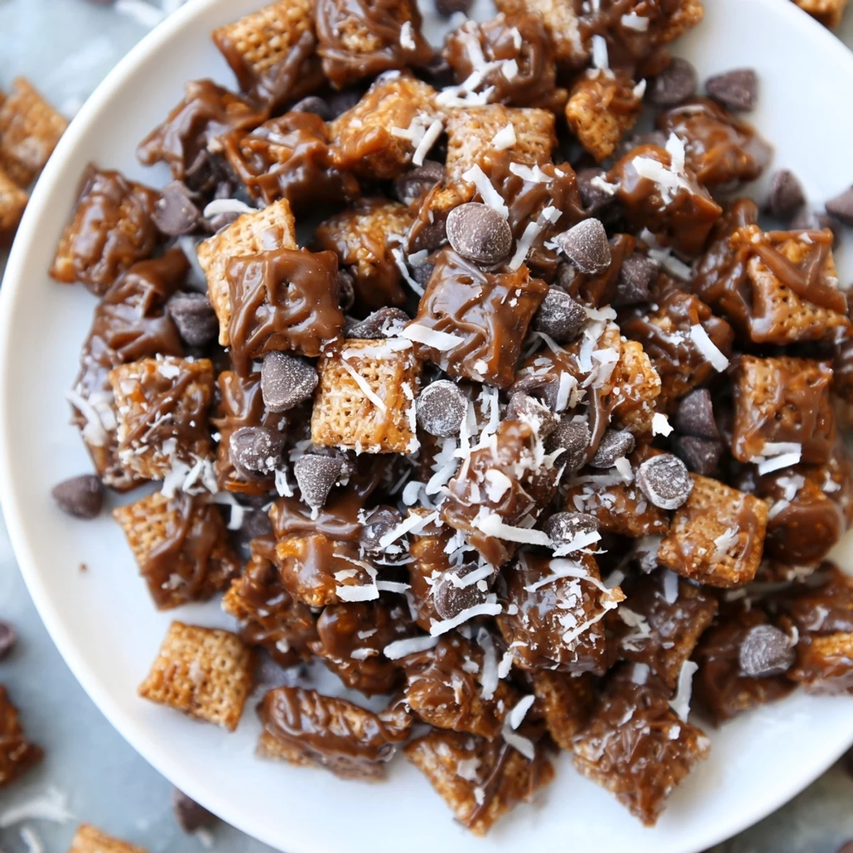 Bowl of Samoas Puppy Chow Cereal dusted in powdered sugar, crispy bites