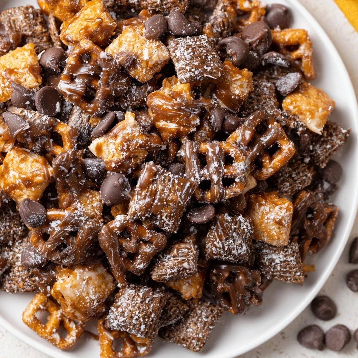 Homemade Samoas Puppy Chow Cereal cooling on baking sheet, ready for gifting