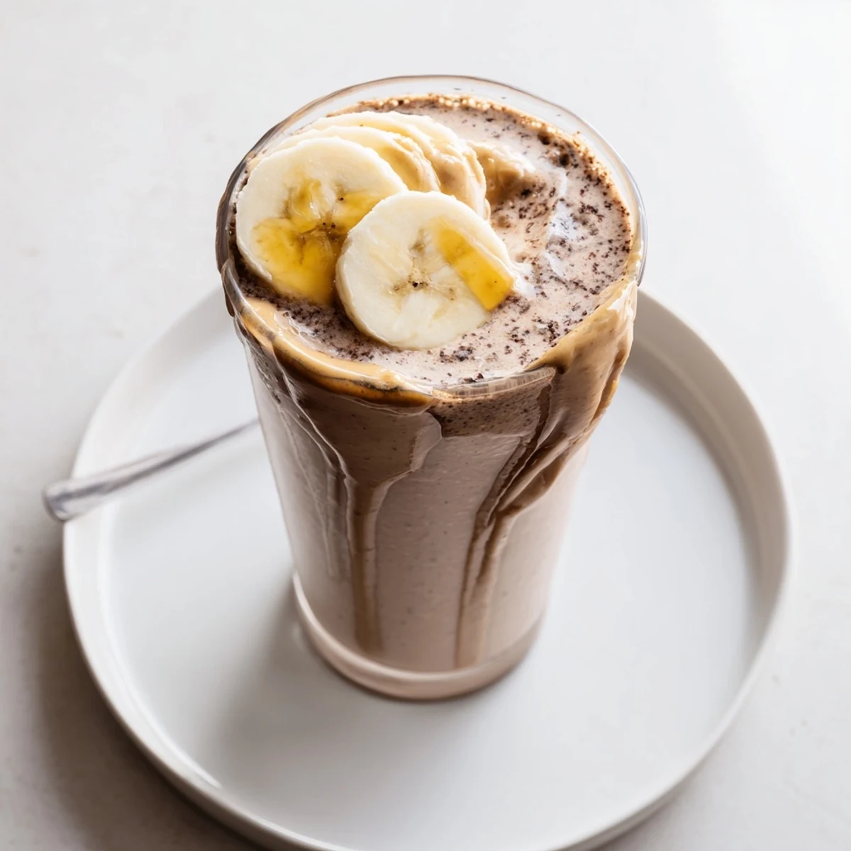 Creamy Chocolate Peanut Butter Banana smoothie poured into chilled glasses, banana garnish.