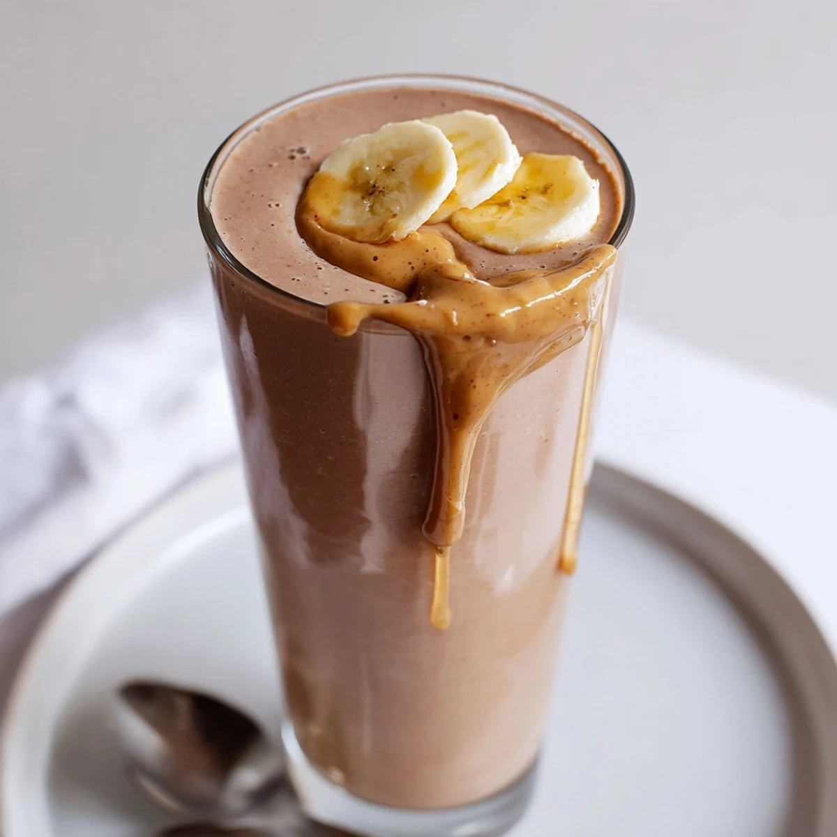 Rich Chocolate Peanut Butter Banana shake with peanut swirl, ideal for breakfast.