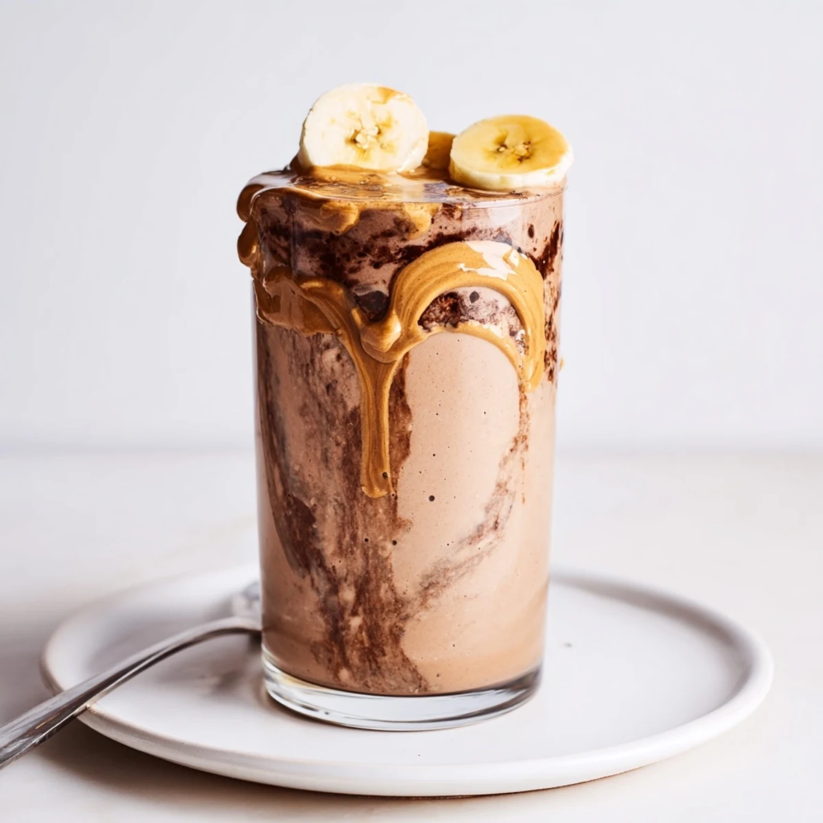 Silky cold Chocolate Peanut Butter Banana blend, quick five minute snack or dessert.