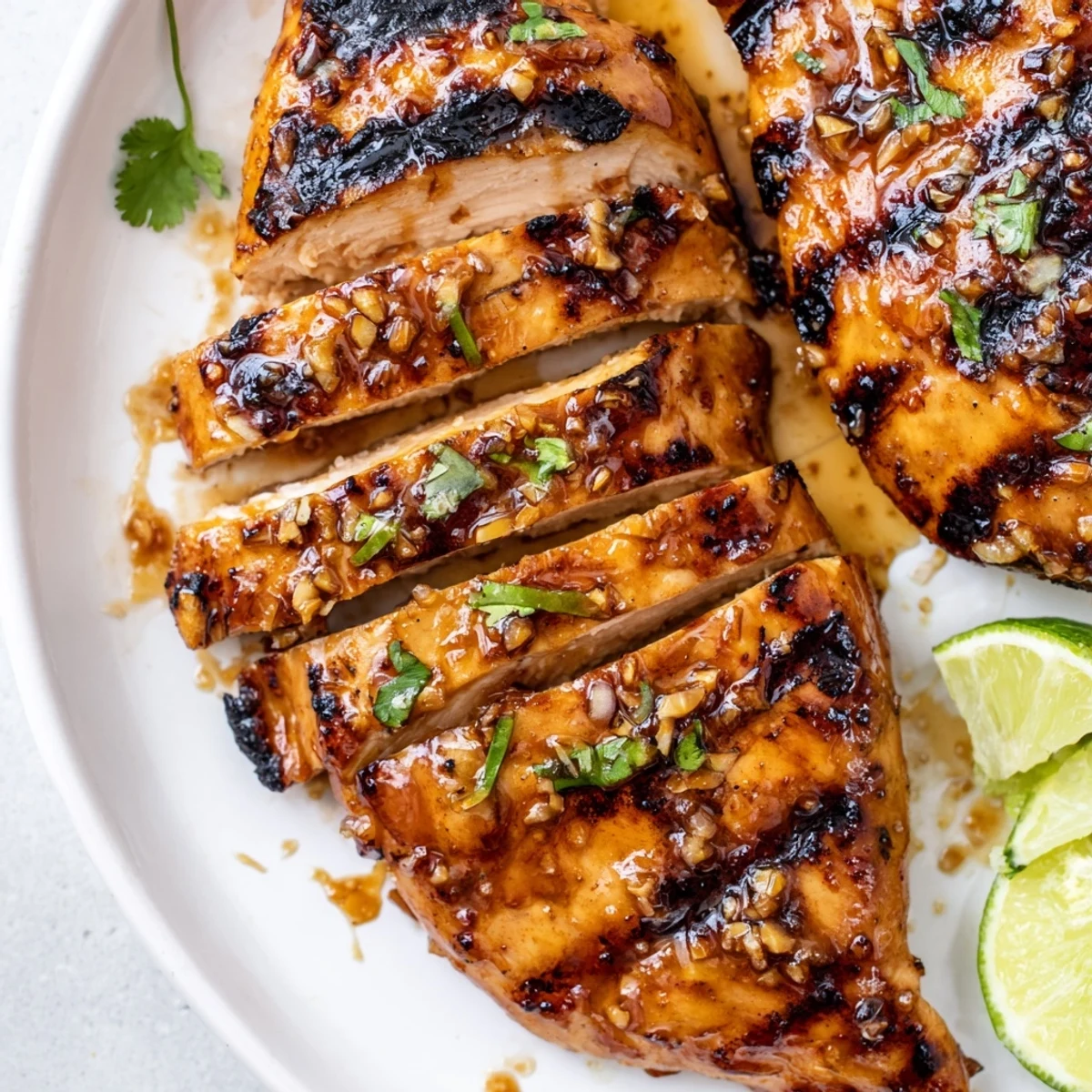 Sliced Key West Grilled Chicken With Tropical Citrus Marinade, cilantro garnish and lime wedge