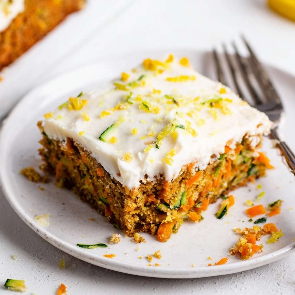 Spiced Ginger Carrot And Zucchini Bars With Lemon Cream Cheese Frosting served warm