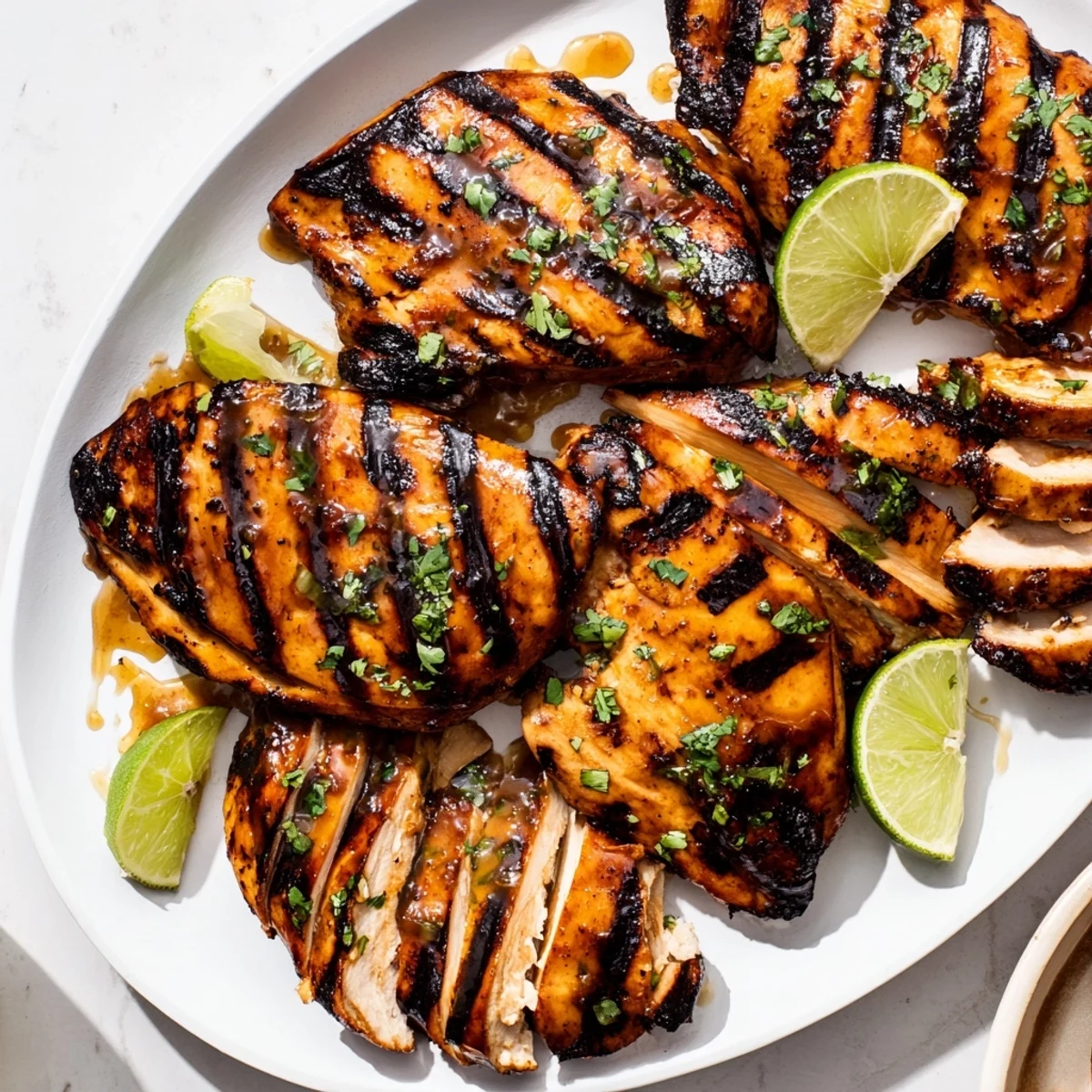 Key West Grilled Chicken With Tropical Citrus Marinade, glossy charred breasts, lime wedges