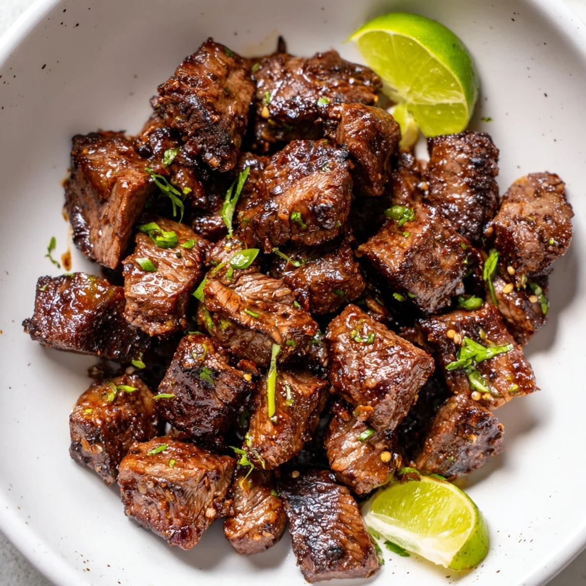 Sweet Spicy Jerk Style Beef Bites glistening with caramelized edges and cilantro