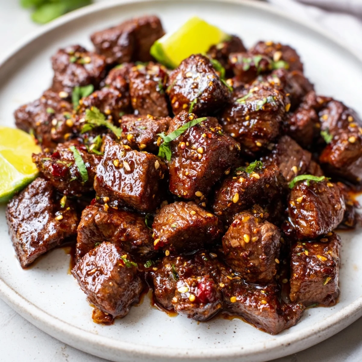 Plate of Sweet Spicy Jerk Style Beef Bites with lime wedges, sizzling aroma