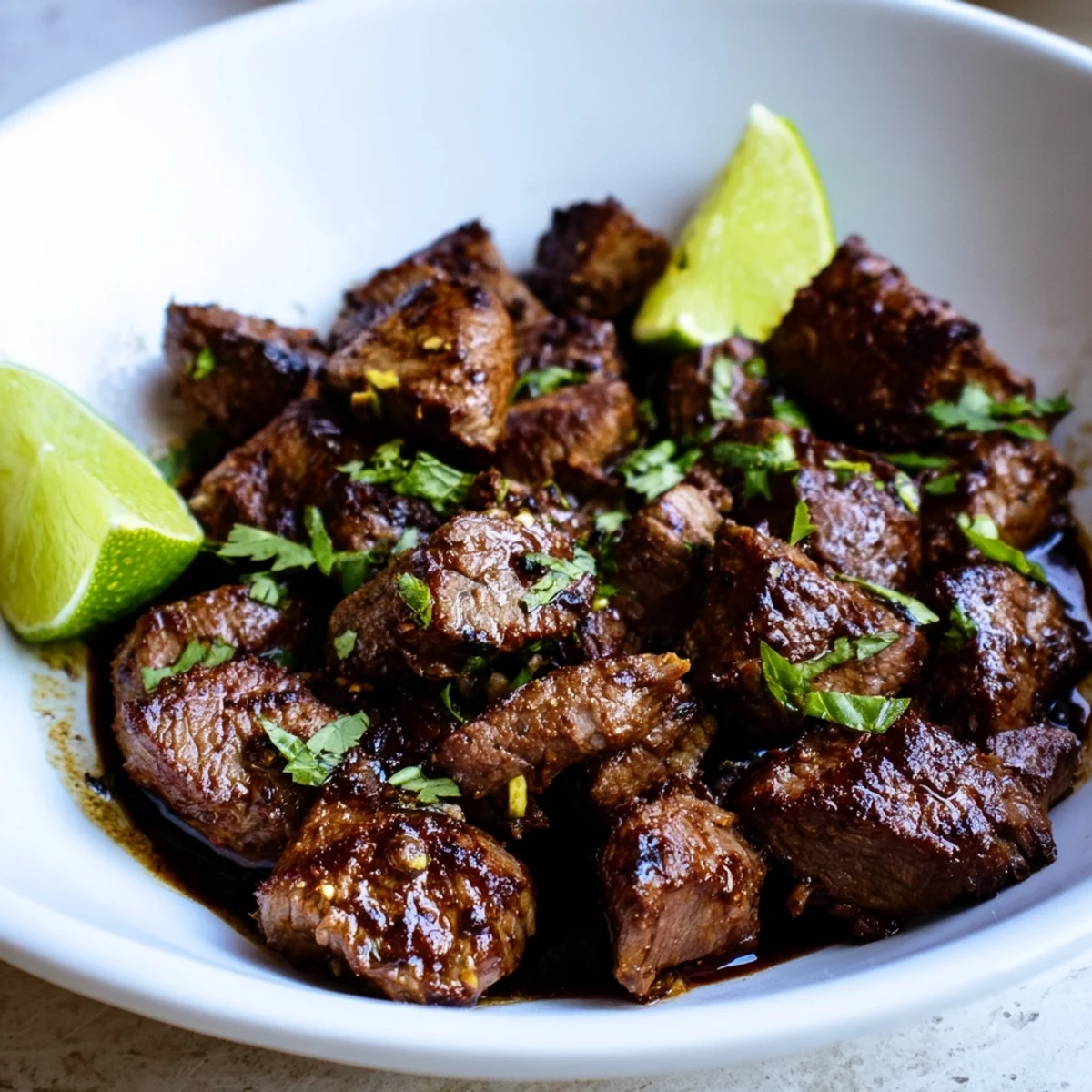 Skewered Sweet Spicy Jerk Style Beef Bites served hot with zesty lime