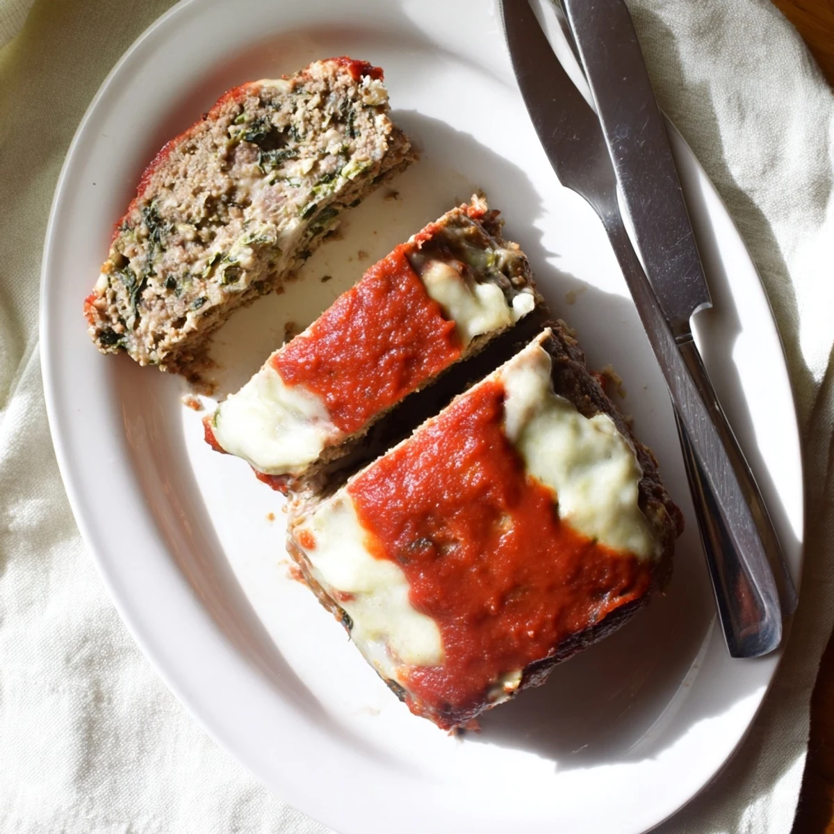 Golden brown Italian spinach mozzarella meatloaf sliced to reveal melted cheese and vibrant green spinach throughout