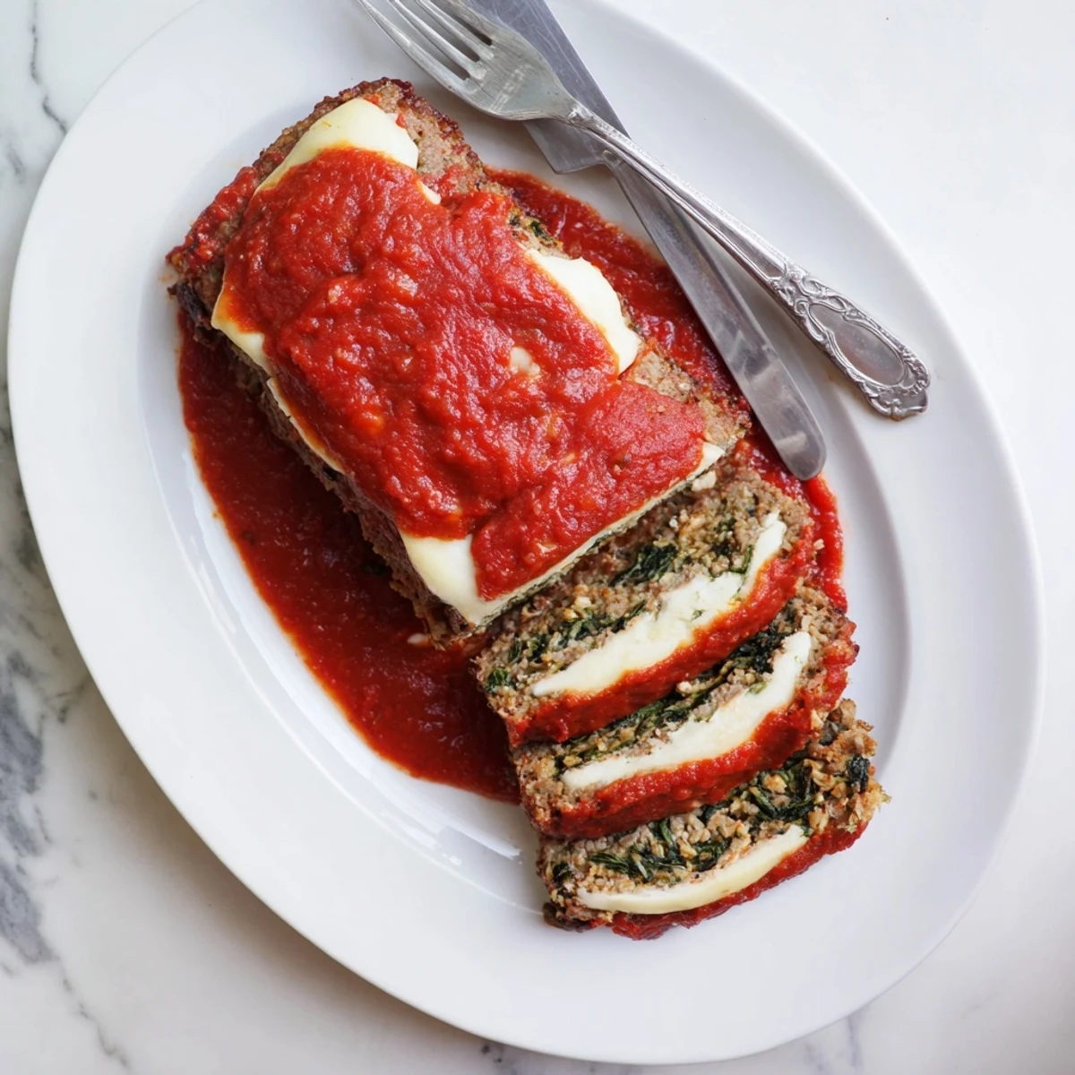 Family-style meatloaf with spinach and mozzarella baked to perfection, served with extra marinara for dipping