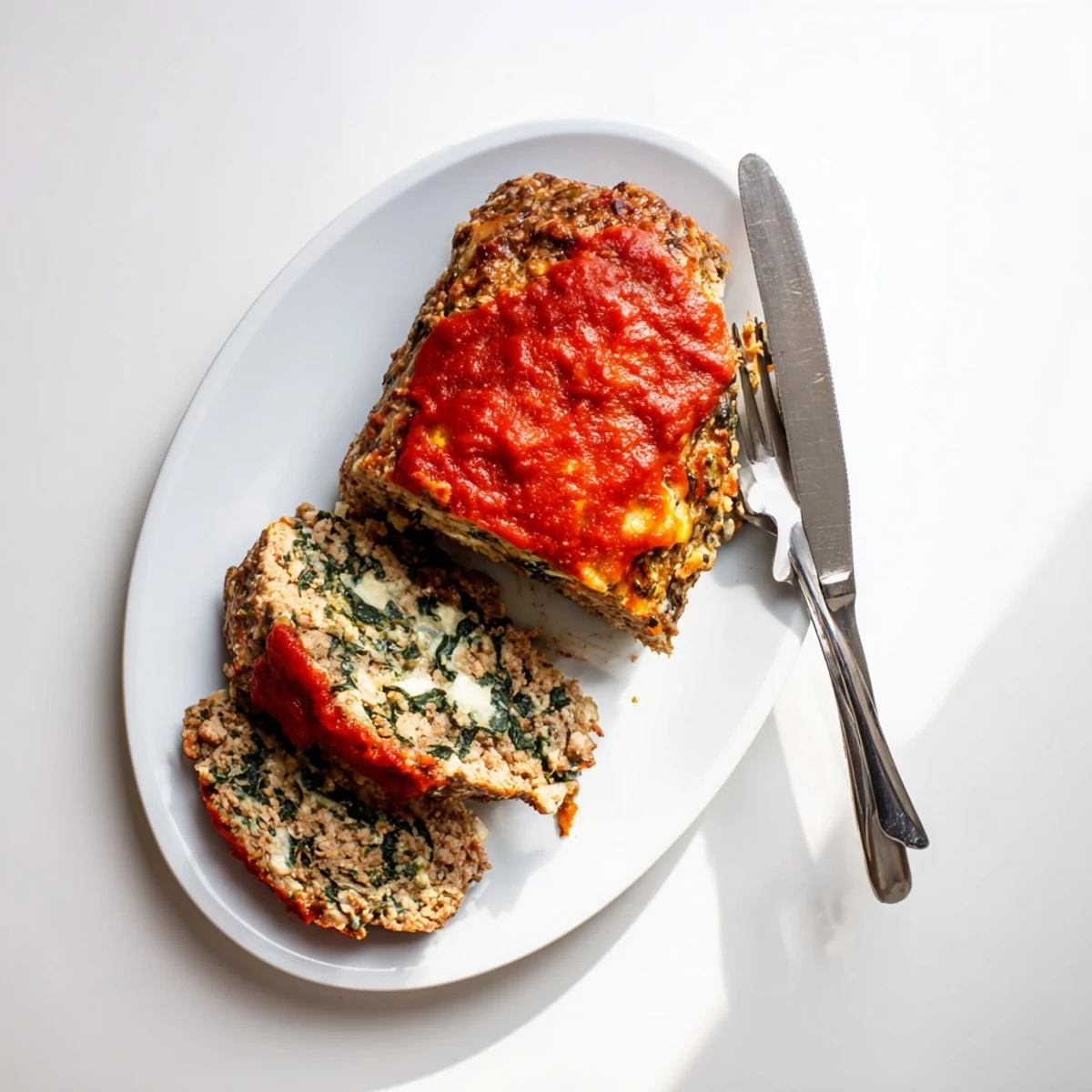 Savory loaf topped with marinara sauce, featuring gooey mozzarella and tender spinach in every hearty bite