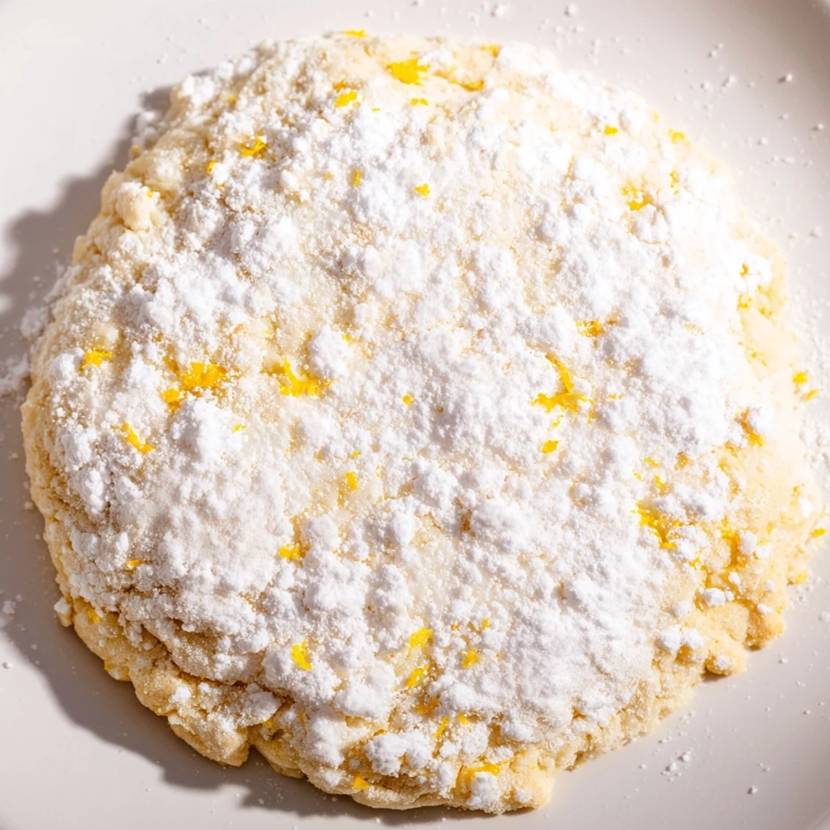 Soft chewy lemon pixie cookies dusted with white powdered sugar on a white plate