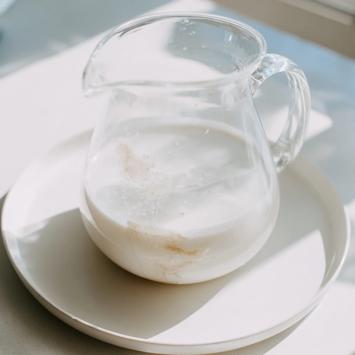 Creamy white almond milk being poured from blender into glass storage bottle with nut milk bag