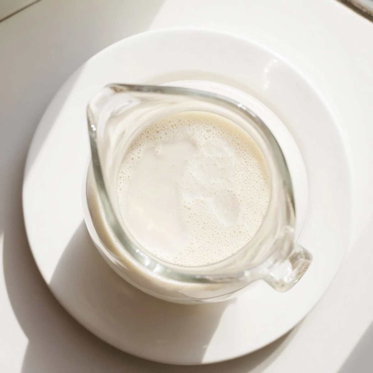 Fresh homemade almond milk poured into a clear glass jar showing creamy white dairy-free beverage