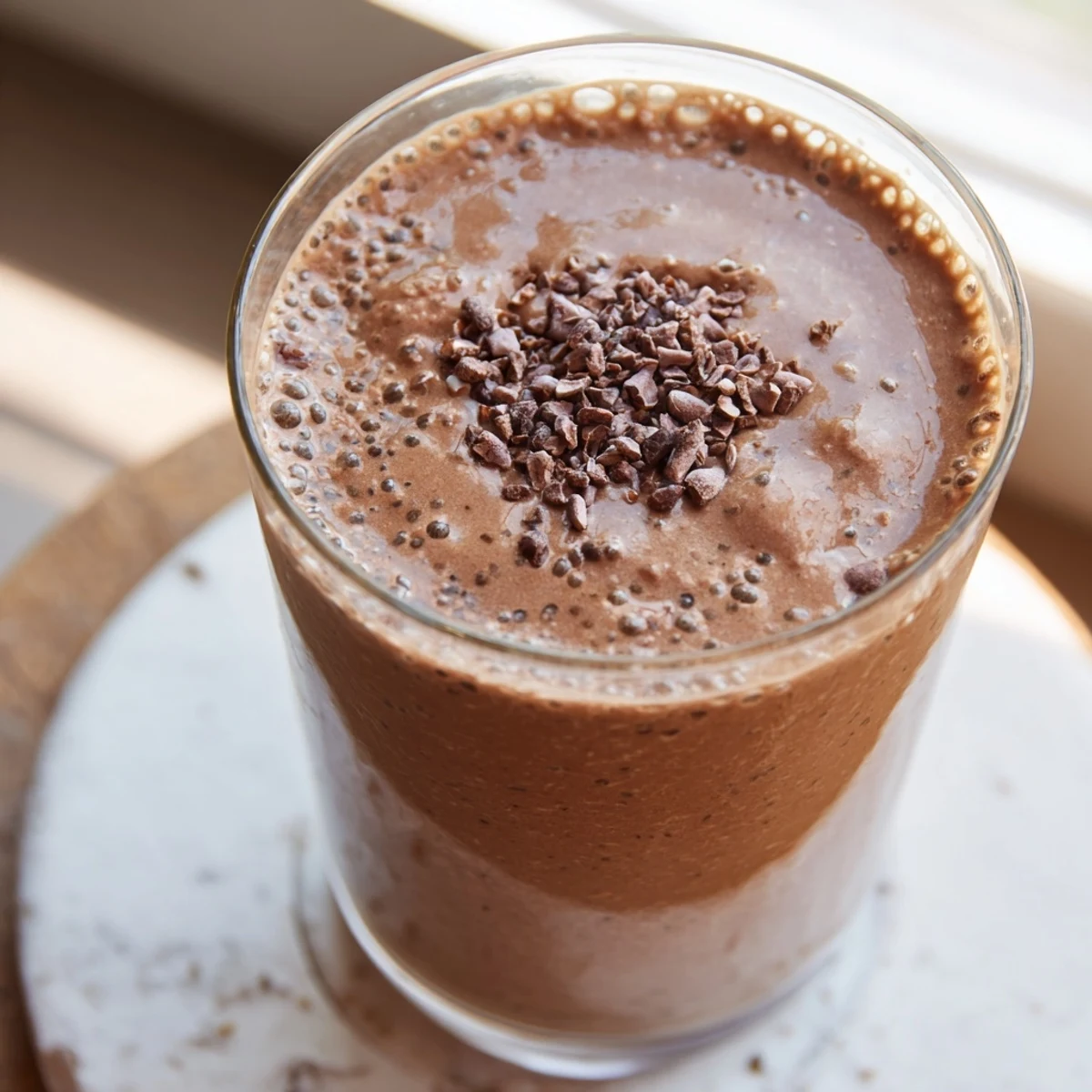 Thick and frothy raw chocolate banana shake poured into a glass with cacao nibs garnish