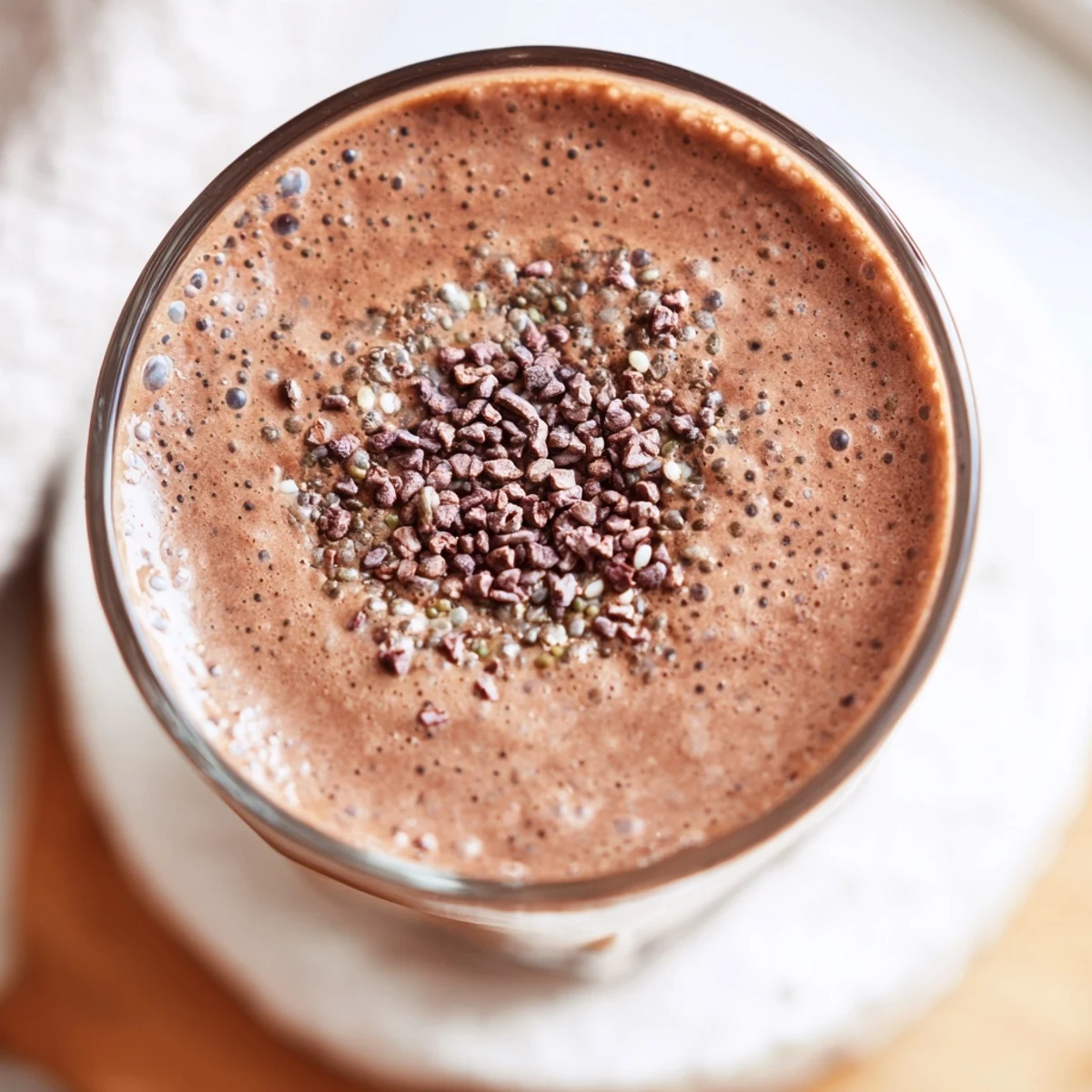 Two glasses of rich raw chocolate banana shake topped with coconut flakes on wooden table