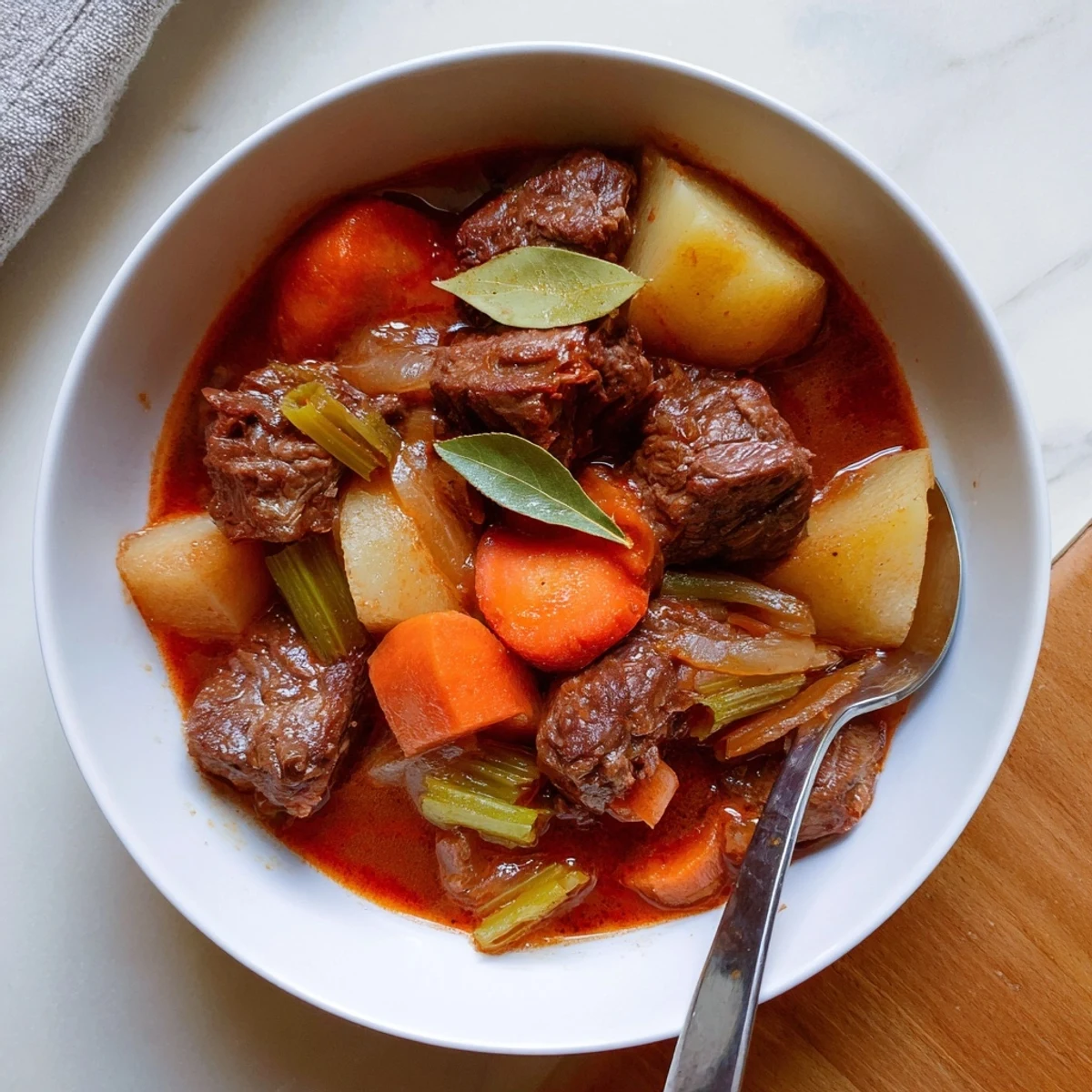 Rich and hearty spezzatino di manzo beef stew served in rustic bowls with crusty bread for dipping