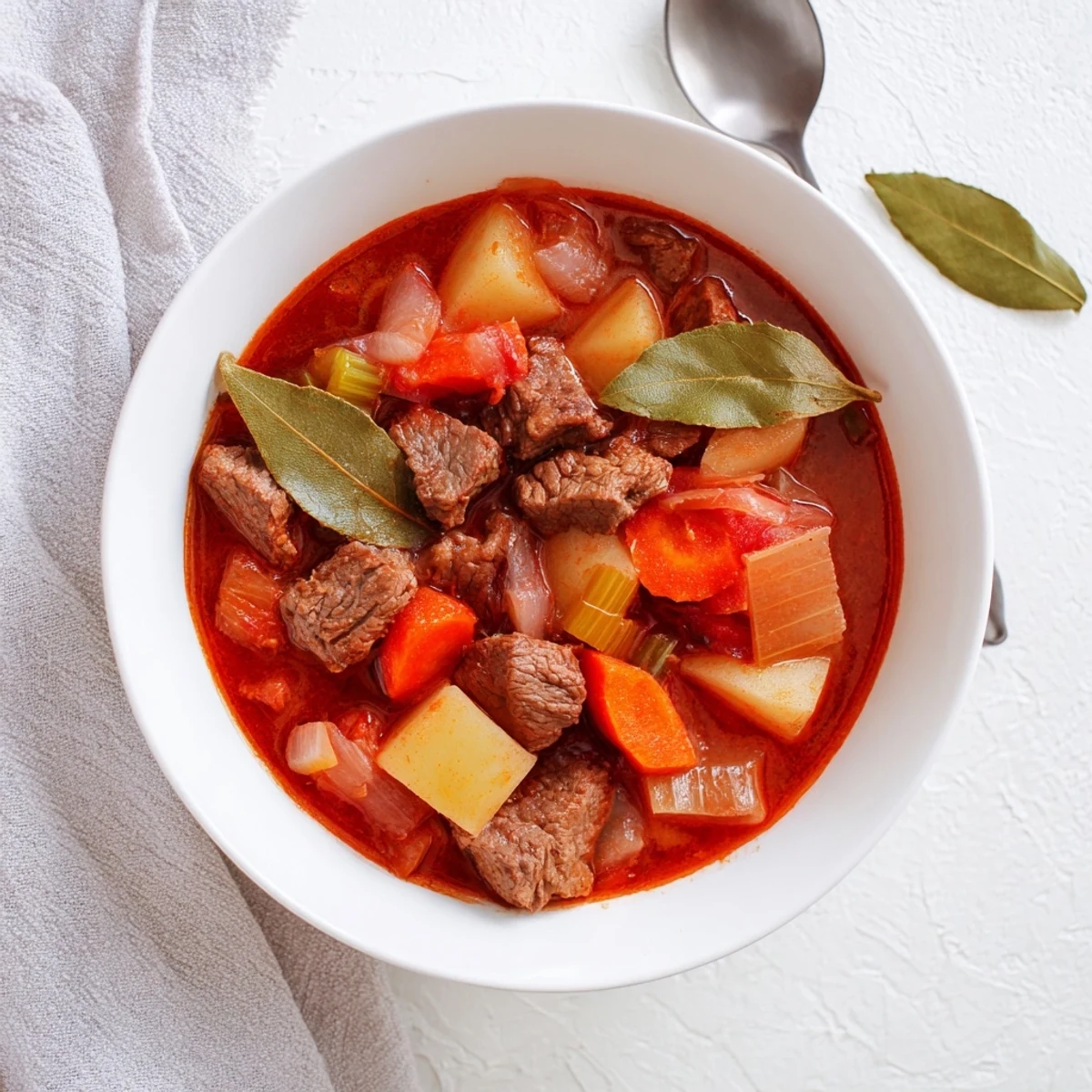 Golden Italian beef spezzatino stew bubbling in a cast iron pot with tender chunks of beef and vegetables